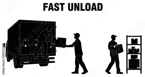 Workers loading boxes from truck to warehouse shelf during rapid logistics operation