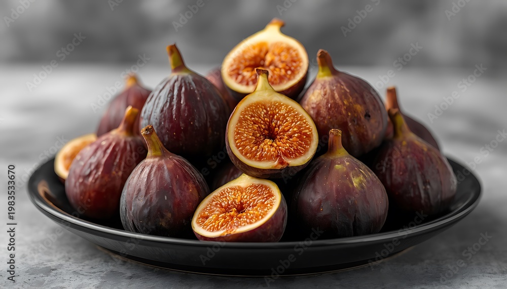 Fototapeta premium A plate of fresh figs, some cut open to reveal their interior