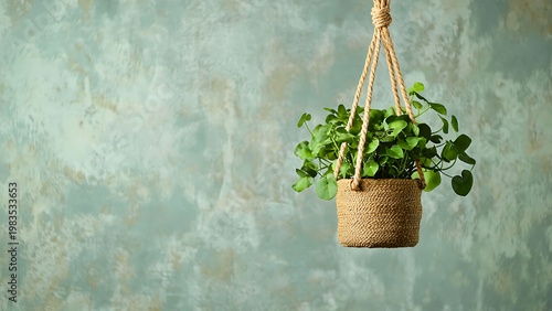 A hanging plant pot featuring lush green leaves against an abstract background. The pot is suspended from a natural rope