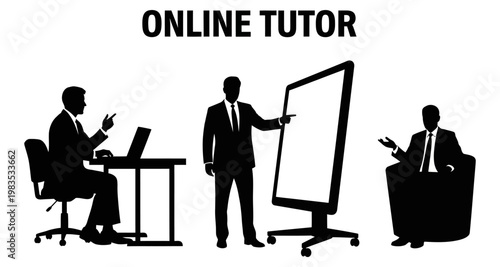 Businessmen in online tutoring session with digital whiteboard and laptop