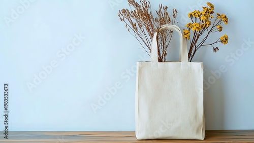 A neutral tote bag with dry flowers against a muted wall