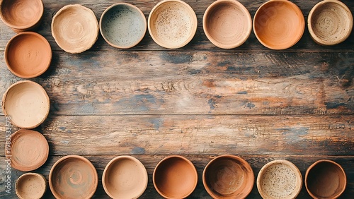 An overhead shot of an array of rustic ceramic bowls arranged on a wooden table 