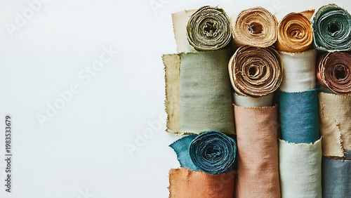 A collection of various colored textile rolls neatly arranged. The image showcases the texture, color, and rolled shapes of fabric