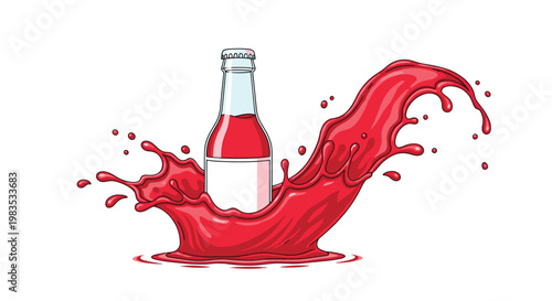 A transparent glass bottle filled with vibrant red juice stands amidst a sweeping and energetic wave of crimson liquid against a pure white setting.