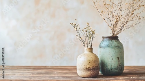 Rustic vases on a wooden surface, with dry plants in them, perfect for decor