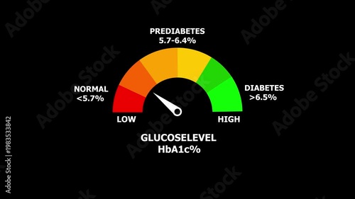 Glucose meter shows blood sugar levels. Medical indicator reflects health monitoring and diabetes risk. Glucose meter showing prediabetes range with normal and low indicator.