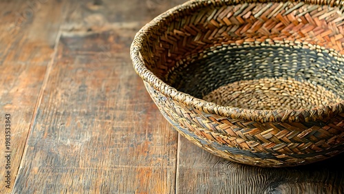 Close-up of a rustic, woven bowl placed on a wooden surface