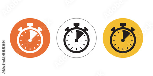Stopwatch timer icon set, orange yellow design elements, countdown sports timing icons, productivity and time measurement vector collection