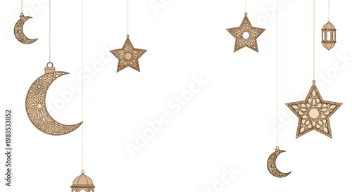 Ornate wooden crescent moons and intricate stars hang elegantly from delicate strings alongside traditional lanterns in a balanced composition on a white field.