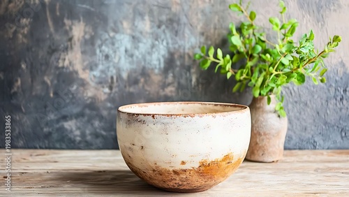 A Rustic Ceramic Bowl and Plant Arrangement on a Wooden Surface