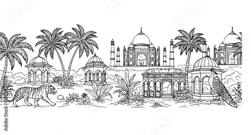 Indian toile jungle seamless border with Taj Mahal tiger peacock and tropical plants vector design