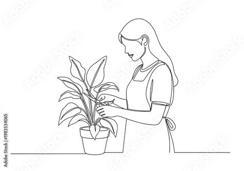 Woman caring for potted plant minimal line art illustration