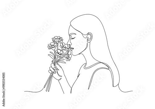 Woman smelling bouquet of flowers minimal line art illustration