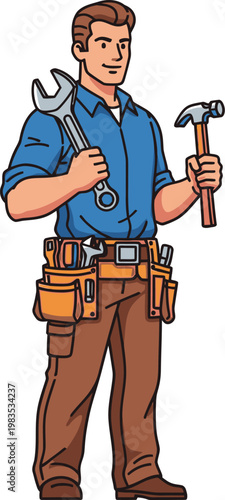 Cartoon illustration of a skilled tradesman with tools