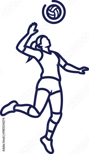 Dynamic line art illustration showing a professional female volleyball player leaping high in the air to spike the ball during a competitive match while wearing her uniform on a solid background