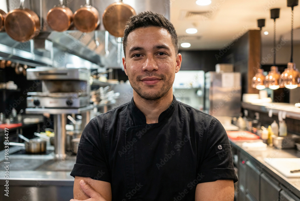 Fototapeta premium Portrait of a confident young male chef in black uniform standing in commercial kitchen