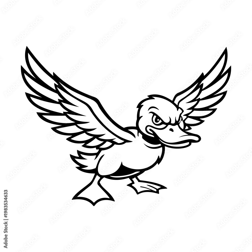 Obraz premium Black and White Lines Flying Duck Illustration Character Vector Logo Template
