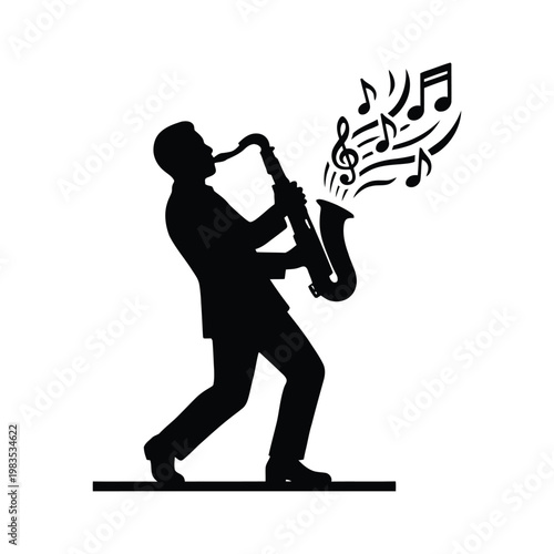 Man playing saxophone silhouette with music notes illustration