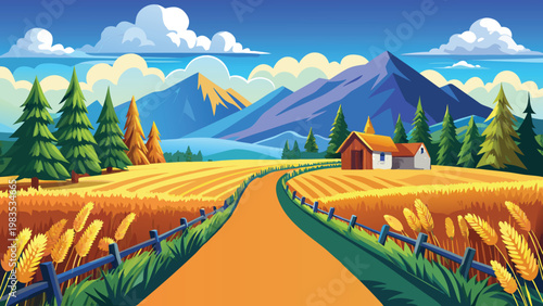 A vibrant digital illustration of a peaceful countryside path winding through golden wheat fields Vector