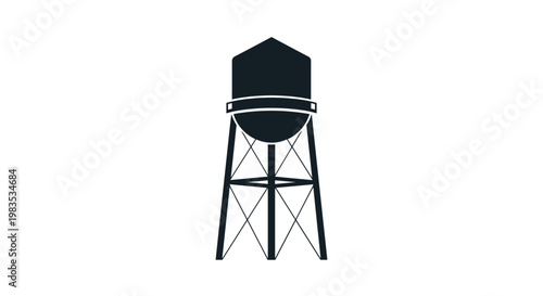 A stark black silhouette of a traditional industrial water tower featuring a pointed roof and a cross-braced support structure stands on a white background.