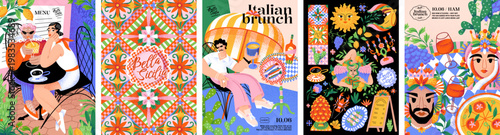 Summer Italian Sicily. Vector Mediterranean illustrations of Italian food, vacationers with cocktails, trendy people relaxing in a cafe, ceramic tile pattern, triskelion, menu for poster, card, postca