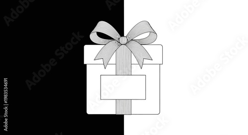 A gift box with a ribbon on a black and white background.