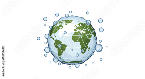 A geometric low-poly planet Earth featuring green continents and white oceans is surrounded by many translucent blue water droplets on a white background.