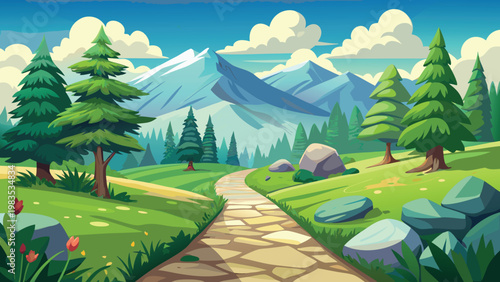 A vibrant pixel art landscape featuring a stone path leading towards majestic mountain peaks Vector