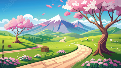 A serene landscape featuring a winding path leading toward majestic snow capped mountain peaks Vector