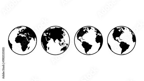 Four black and white globes depicting earth from different perspectives Vector