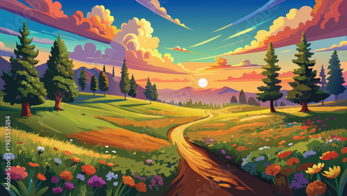 A vibrant pixel art landscape featuring a scenic sunset over a lush meadow with tall pine trees Vector
