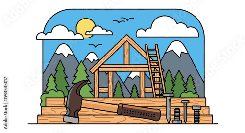 Brown bear with lumber and tools.