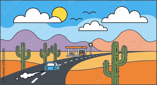 Car Drives Down Desert Highway Road.