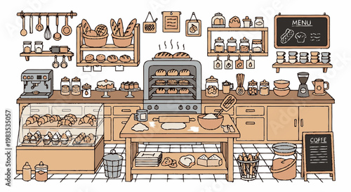 Bakery kitchen with oven and pastries.