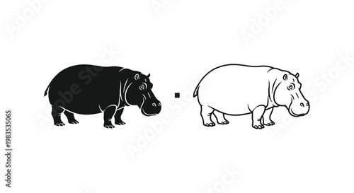 Hippopotamus Illustration: Black vs White Comparison Vector