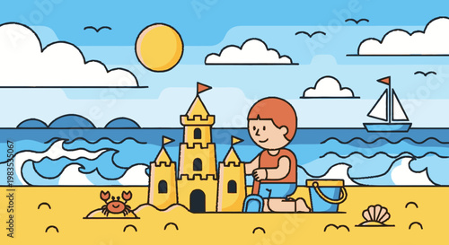 Child Building Sandcastle on Beach Vacation.