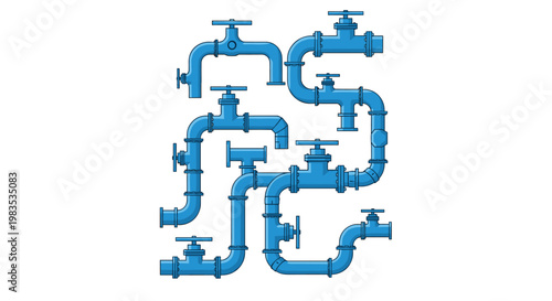 A complex network of blue industrial water pipes featuring multiple manual hand valves is arranged in a structured maze on a clean white background.