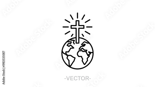 Minimalist line art globe topped with a cross symbol Vector
