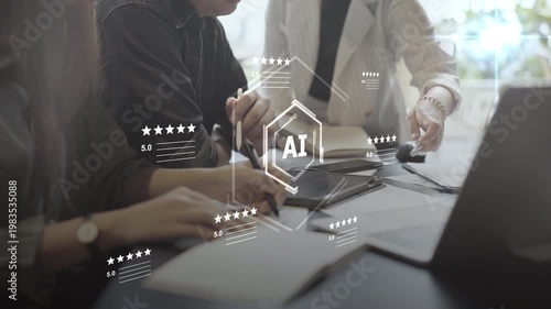 Digital marketing artificial intelligence and 5 stars rating review. Online customer feedback survey, service quality satisfaction, smart business strategy, and best ranking experience concept.