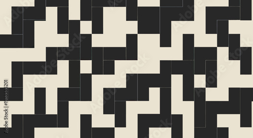 Interlocking abstract shapes with a repeating pattern of beige and black