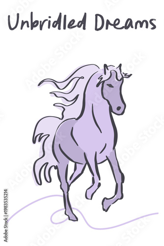 Vertical card with a horse, inspirational, motivational, runic line drawing, vector illustration.