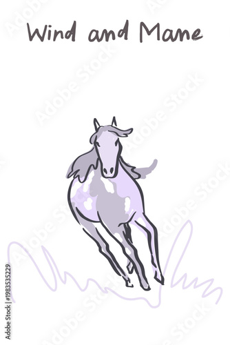 Vertical card with a horse, inspirational, motivational, runic line drawing, vector illustration.