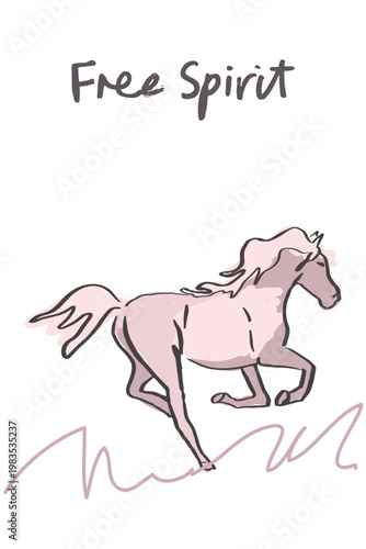 Vertical card with a horse, inspirational, motivational, runic line drawing, vector illustration.