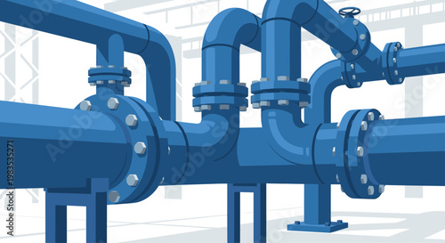Large blue industrial water pipes with heavy-duty bolted flanges and thick joints are shown from a dramatic low angle within a bright factory setting.
