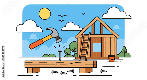 Hammer hitting nail on wooden plank.