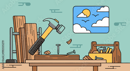 Hammer hitting nail on wooden plank.