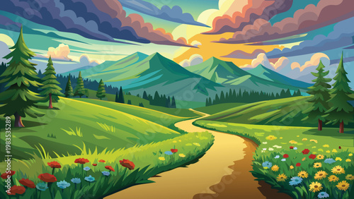 A serene path winds through a vibrant meadow towards majestic mountains under a colorful sky Vector