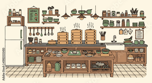 Kitchen Counter with Various Food Items.