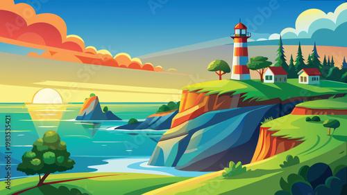 A vibrant digital landscape featuring a striped lighthouse overlooking a calm coastal sunset sea Vector