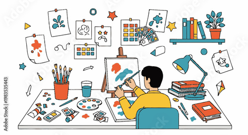 Man painting on canvas at desk.